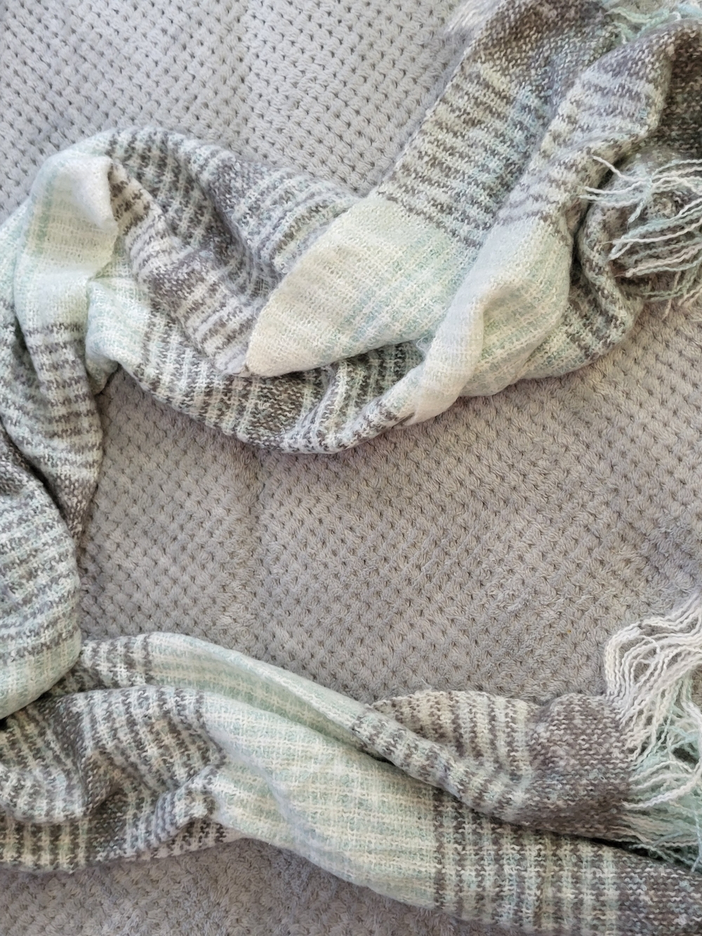 Striped Fringe Scarf in Light Gray, Mint, And Cream